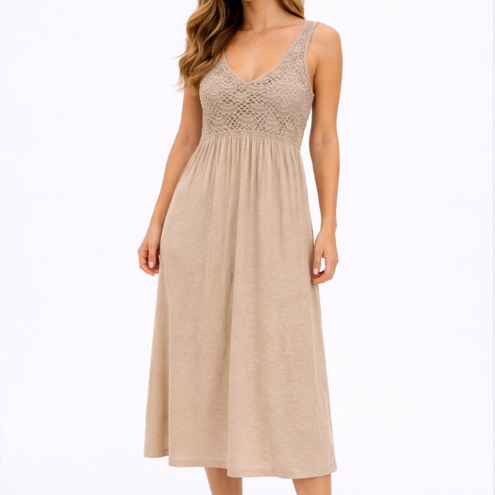 Aerie Tan Crochet Midi Dress Size S 100% Cotton Boho Summer Dress